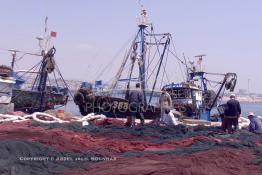 Image du Maroc Professionnelle de  Quelques ouvriers s'activent à réparer les filets de pêche sur un des quais au port d'Agadir, ville située au sud du Maroc, Vendredi 23 Août 2002. (Photo / Abdeljalil Bounhar)

 